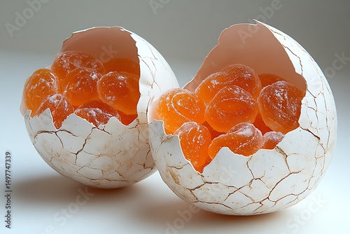 Orange candies in cracked eggshells sweet treats