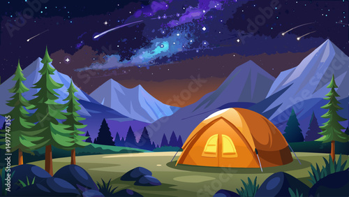 vector of orange tent with a burning light inside stands in a clearing under a starry sky