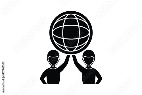 Two silhouettes cooperatively lifting a global icon