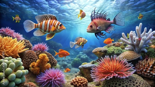 Vibrant Underwater Scene Showcasing a Diverse Array of Colorful Fish and Coral Reef Inhabitants