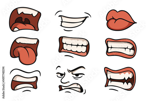 Cartoon face expression, emotional comic style mouths and eyes vector set