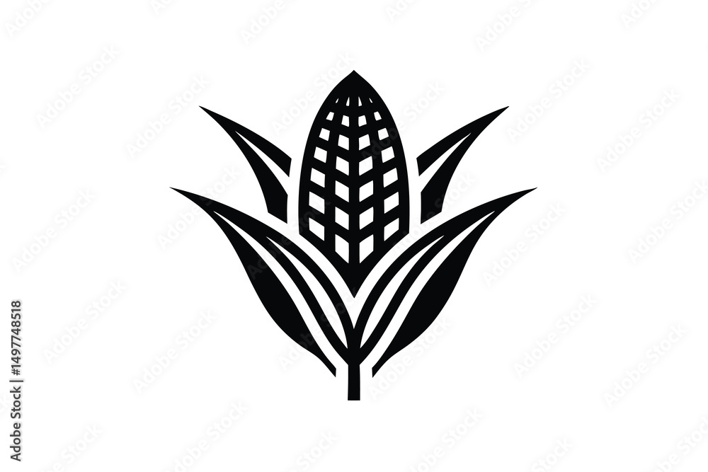 Fototapeta premium Black silhouette of corn plant with detailed kernels and leaves