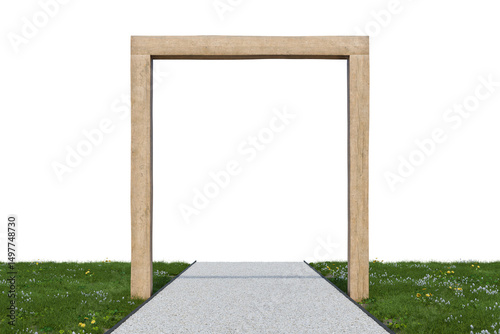 Gravel walking path and wooden frame entrance. 3d rendering of nature garden with empty background.