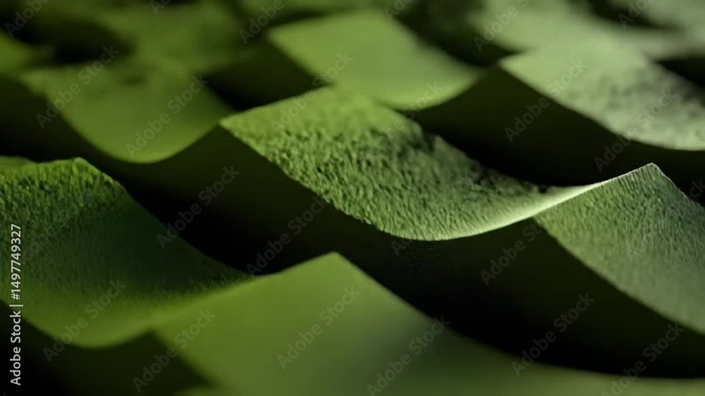 Abstract textured surface of undulating green powder.  Detailed close-up view of layered, wavy forms