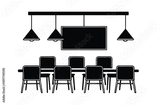 Modern minimalist dining room silhouette design with pendant lights and a long table