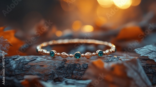 Golden bangle with teal gems on wood photo