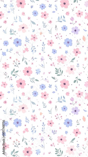 Seamless Pastel Floral Pattern with Tiny Flowers and Delicate Leaves on White Background