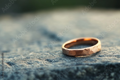 Close-up of a Rose Gold Hammered Wedding Band Ring on a Dark Stone