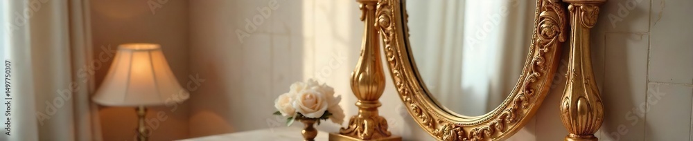 Fototapeta premium A luxurious vanity mirror with ornate detailing, reflecting a softly lit room Perfect for beauty, fashion, and home decor websites , shabby chic, faceted