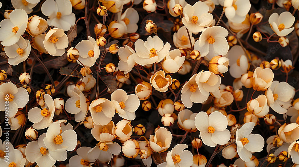 Fototapeta premium Delicate cream blossoms in warm tones, floral background design for cards
