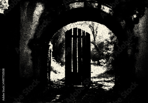 Ancient ruins in sci-fi scene with dotwork retro style. Mysterious gate debris with dramatic lights and retro texture