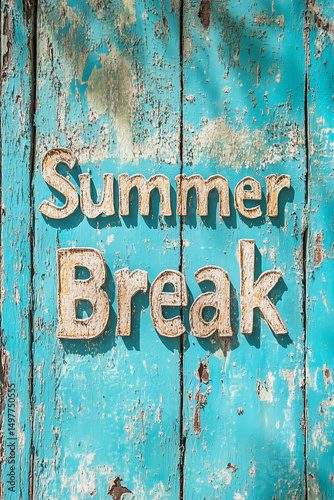 Rustic 'Summer Break' sign on weathered teal wooden background
