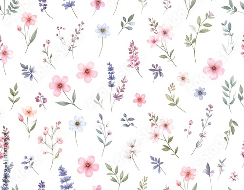 Wallpaper Mural Seamless Pastel Floral Pattern with Tiny Flowers and Delicate Leaves on White Background Torontodigital.ca