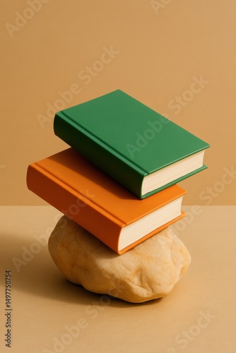 Books on Rock: Two vibrant books artfully arranged atop a smooth rock, creating a sense of equilibrium and the pursuit of knowledge photo