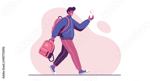 Young Person Walking with Backpack, Casual Outfit, Digital Illustration