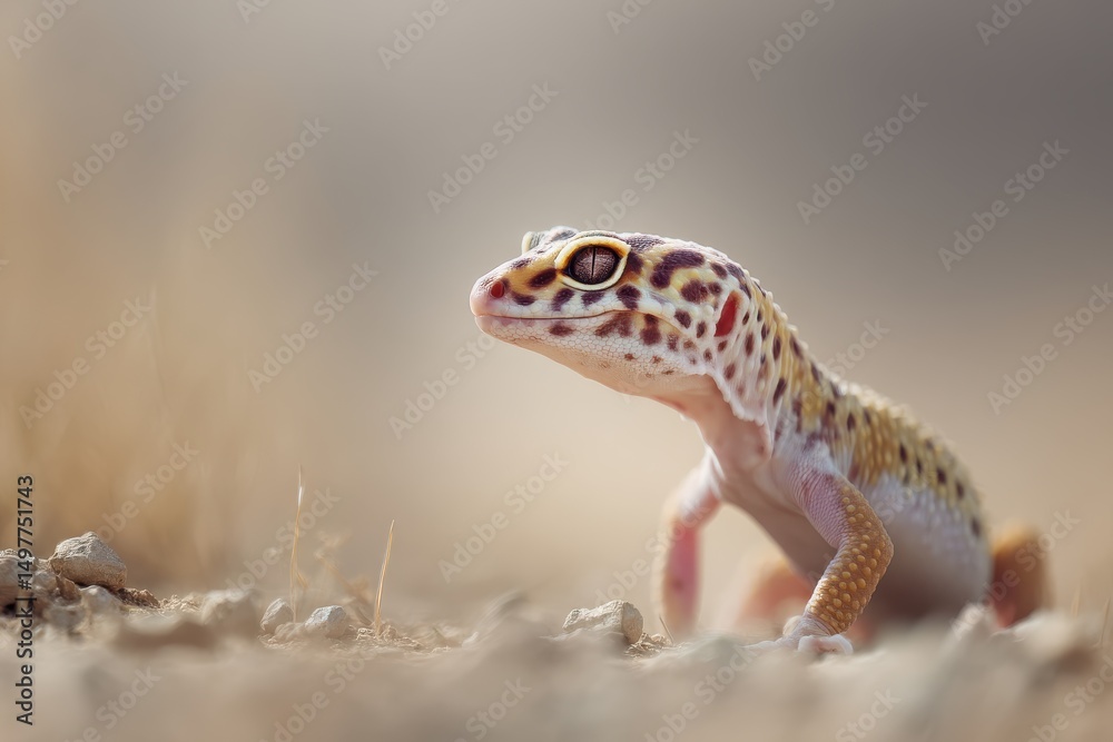 Close-up of a Colorful Leopard Gecko Sitting on Dry Ground Surrounded by Natural Environment with Warm Tones and Soft Background Blur for Nature Photography Close-up of a Colorful Leopard Gecko Sitting on Dry Ground Surrounded by Natural Environment with Warm Tones and Soft Background Blur for Nature Photography