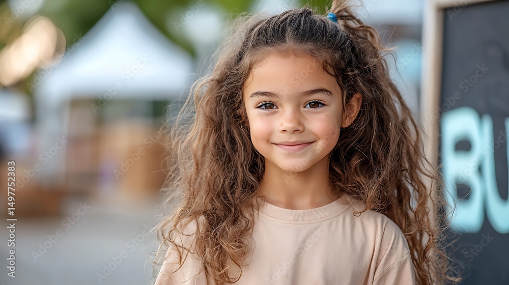 Fototapeta premium Young girl with curly hair smiling outdoors