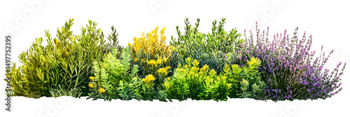 Colorful garden border of assorted flowers and shrubs
