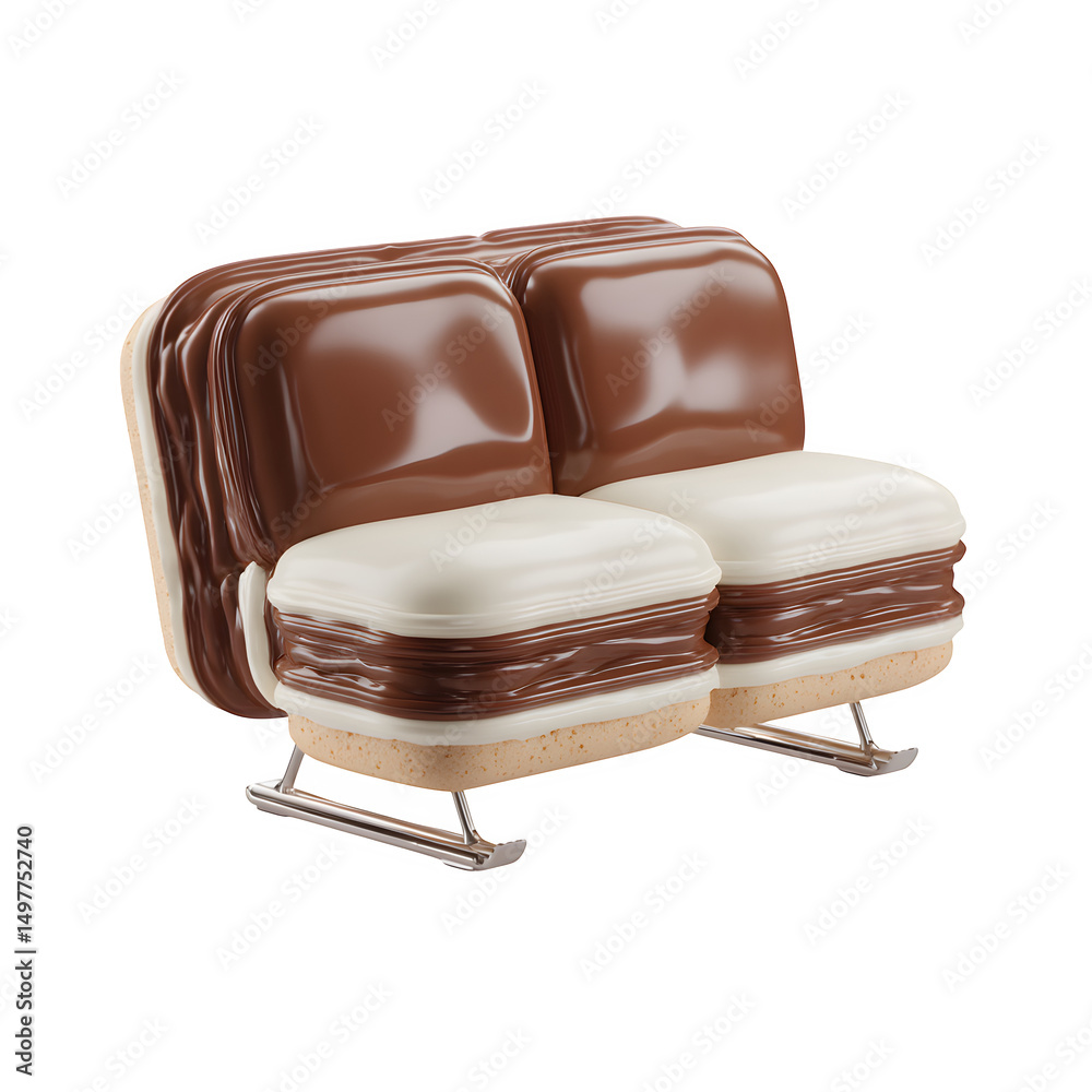 Obraz premium Ice cream sandwich bench with soft chocolate cushion layers and white center seat, dessert-inspired furniture, isolated on transparent background 