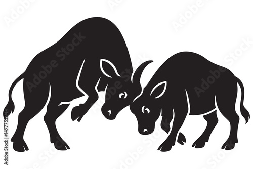 bulls fighting illustration, aggressive livestock, animal conflict, strong mammals design concept silhouette, Silhouette of Two Bulls Charging at Each Other