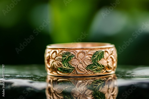 Engraved Rose Gold Ring with Green Accents: A Hawaiian Floral Design
