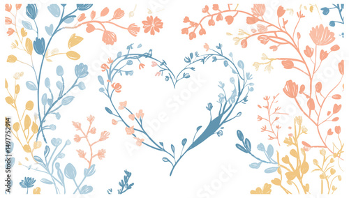 Soft pastel botanical line art only, featuring intricate intertwining flowers