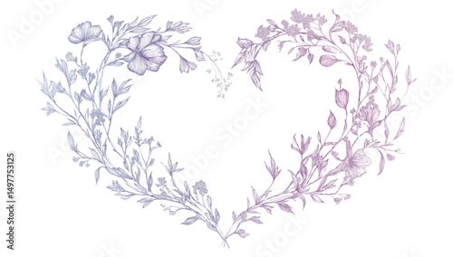 Purple flowers line art with heart shape.