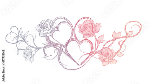 Pastel line art rose and heart on white background.
