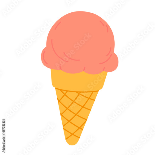 Peach-colored ice cream scoop in waffle cone on white background, perfect for fruity dessert themes and summer food projects