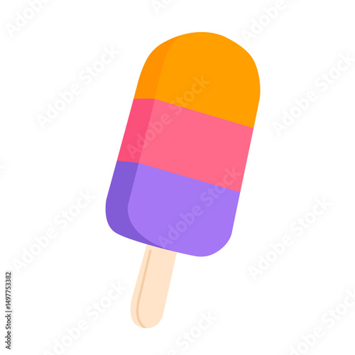 Layered rainbow popsicle with orange, pink, and purple sections on stick, ideal for fun summer food visuals and children’s themes