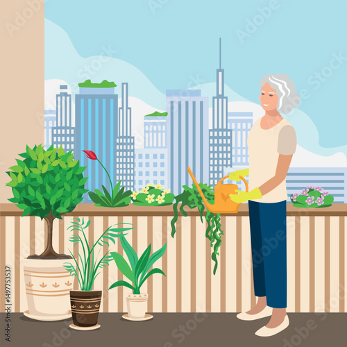 Happy elderly woman taking care of plants and flowers on her balcony. Garden on the balcony. Growing plants at home. Vector illustration.