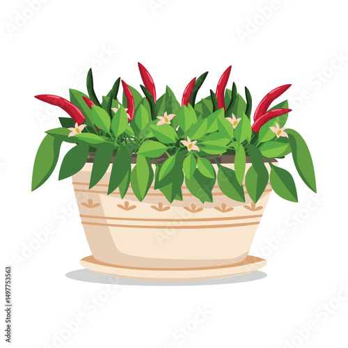 Bush of hot pepper with red ripe peppers in a flowerpot. Growing vegetables at home. Organic gardening. Vegetarianism and healthy eating. Vector illustration isolated on a white background.