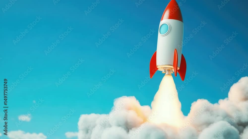 A red and white rocket blasting off into the blue sky