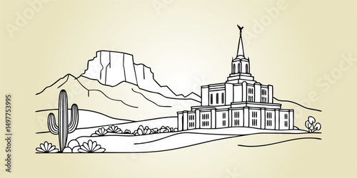 Mesa Skyline Line Art with Superstition Mountains and Temple