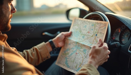 Man driver inside car holding paper map searching directions. City landscape outside. Planning travel, vacation, road trip. Lost, confused, navigating, destination route. Modern vehicle, urban scene.