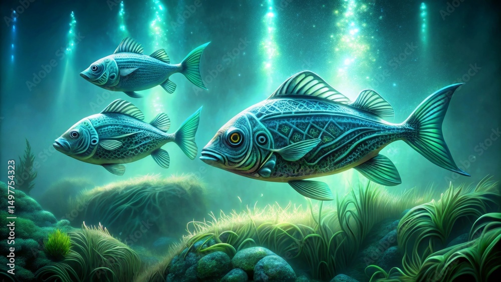 Fototapeta premium Enchanted Aquatic Realm Three Ornate Fish Gracefully Swim Through an Underwater Paradise of Lush Seagrass and Glimmering Lights