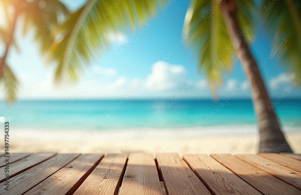 Fototapeta premium Wooden deck with ocean view. Sunny day at tropical beach with palm trees, blue sky, white sand, turquoise water. Vacation, summer holiday, travel, resort concept.