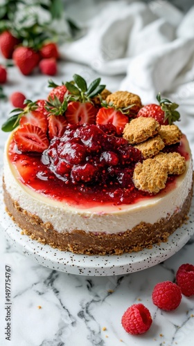 A luscious cheesecake topped with strawberries, raspberries, and cookie crumbles, ready to eat.