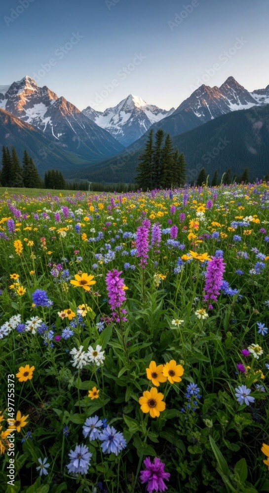 Fototapeta premium Vibrant wildflower meadow with snow-capped mountain peaks and green forest in the distance. Beautiful summer landscape on a clear day.