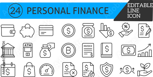 Personal Finance Icon Set – 24 Editable Line Icons for Banking, Money, Budgeting, Security and more.
