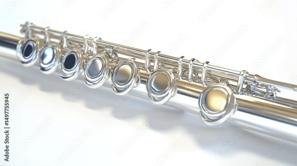 Naklejka premium Close-up of a shiny silver flute, revealing keys and intricate details.