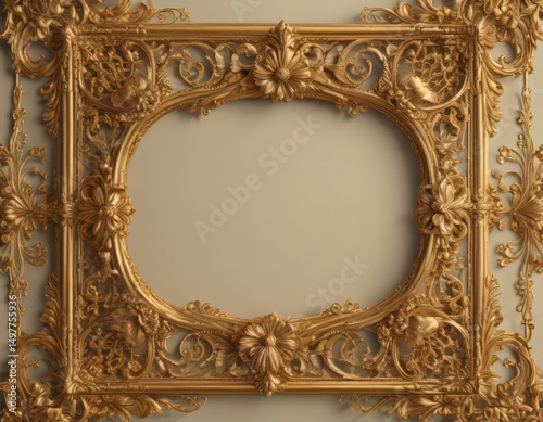 Intricate gold filigree scroll frame, vintage floral design , illustration, filigree