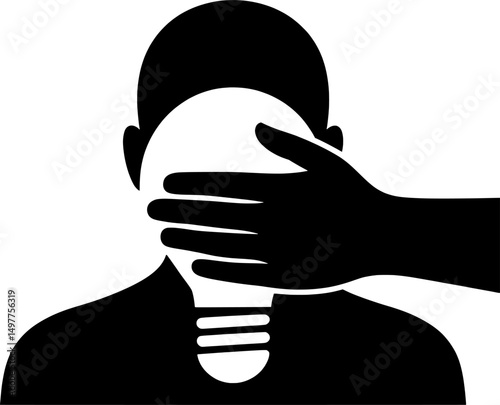 a dark outline of a large hand silencing a person with a layered bulb symbol in the background, symbolizing suppression, control, and covert influence through deceit