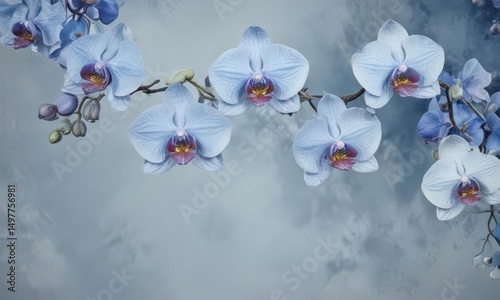 Delicate blue watercolor wash backdrop featuring vibrant Phalaenopsis orchids, Philippine flora , stock, nature