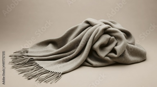 Beige cashmere scarf with fringes draped on a neutral background. Cozy comfort.