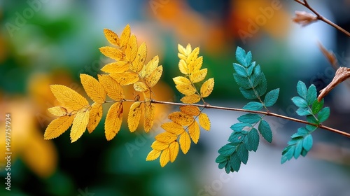 Autumnal Branch with Contrasting Foliage - A Study in Color and Texture