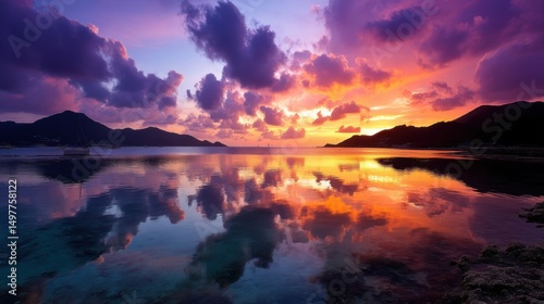 Vibrant Sunset Reflection: Tropical Paradise with Mountain Backdrop