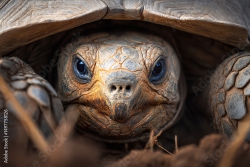 Close-Up of an Endangered Tortoise with Intricate Texture and Piercing Blue Eyes in a Natural Habitat Captured in the Wild During a Sunny Day