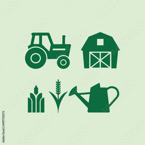 Farm Icons Tractor, Barn, Wheat, and Watering Can