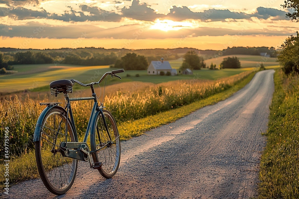 Fototapeta premium bicycle resting on quiet country road with open fields and distant farmhouse on background. Soft golden sunset light, cozy peaceful, nostalgic atmosphere